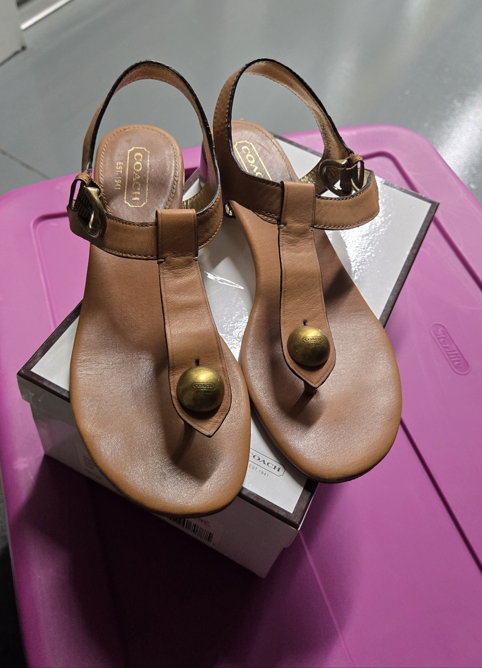 Coach Tan Leather Sandals With Gold Embellishment US 8